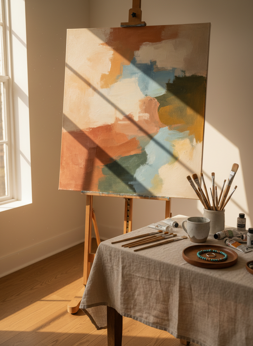 An airy corner of a creative studio with a large, textured canvas on an easel, partially painted in soft, muted earth tones and gentle blues. At the base, an assortment of high-quality brushes, tubes of paint, and a ceramic water cup are arranged on a linen-draped table. A small wooden tray nearby holds a simple beaded bracelet and a slender hammered-metal ring, their presence understated yet elegant. Sunlight filters in from a side window, creating a golden, diffused glow that emphasizes the grain of the wooden floor and the subtle texture of the canvas. Photographic realism, shot at a three-quarter angle with moderate depth of field, evoking creative flow, contemplation, and quiet joy.