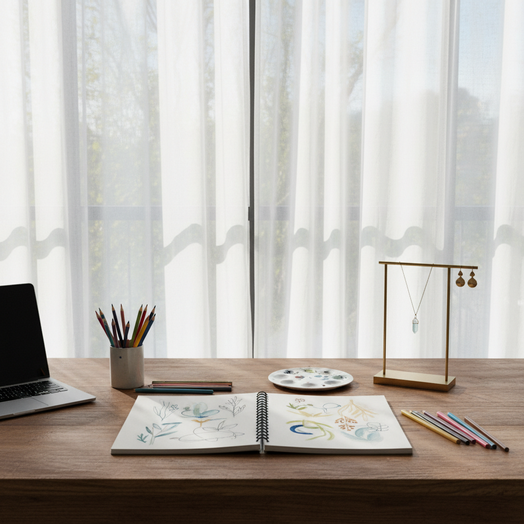 A calm creative workspace with a large, slightly weathered wooden desk positioned near a floor-to-ceiling window. On the desk, an open sketchbook displays delicate line drawings and watercolor washes, surrounded by neatly arranged colored pencils, a ceramic palette, and a laptop pushed to the side. A slender jewelry stand holds a single handcrafted necklace and pair of earrings, acting as subtle art objects. Late morning natural light pours in, diffused by thin white curtains, illuminating paper textures and wood grain while casting soft, directional shadows. Photographic realism with a wide, eye-level composition that includes a blurred glimpse of leafy tree branches outside, evoking focus, inspiration, and a harmonious blend of work and soulful creativity.