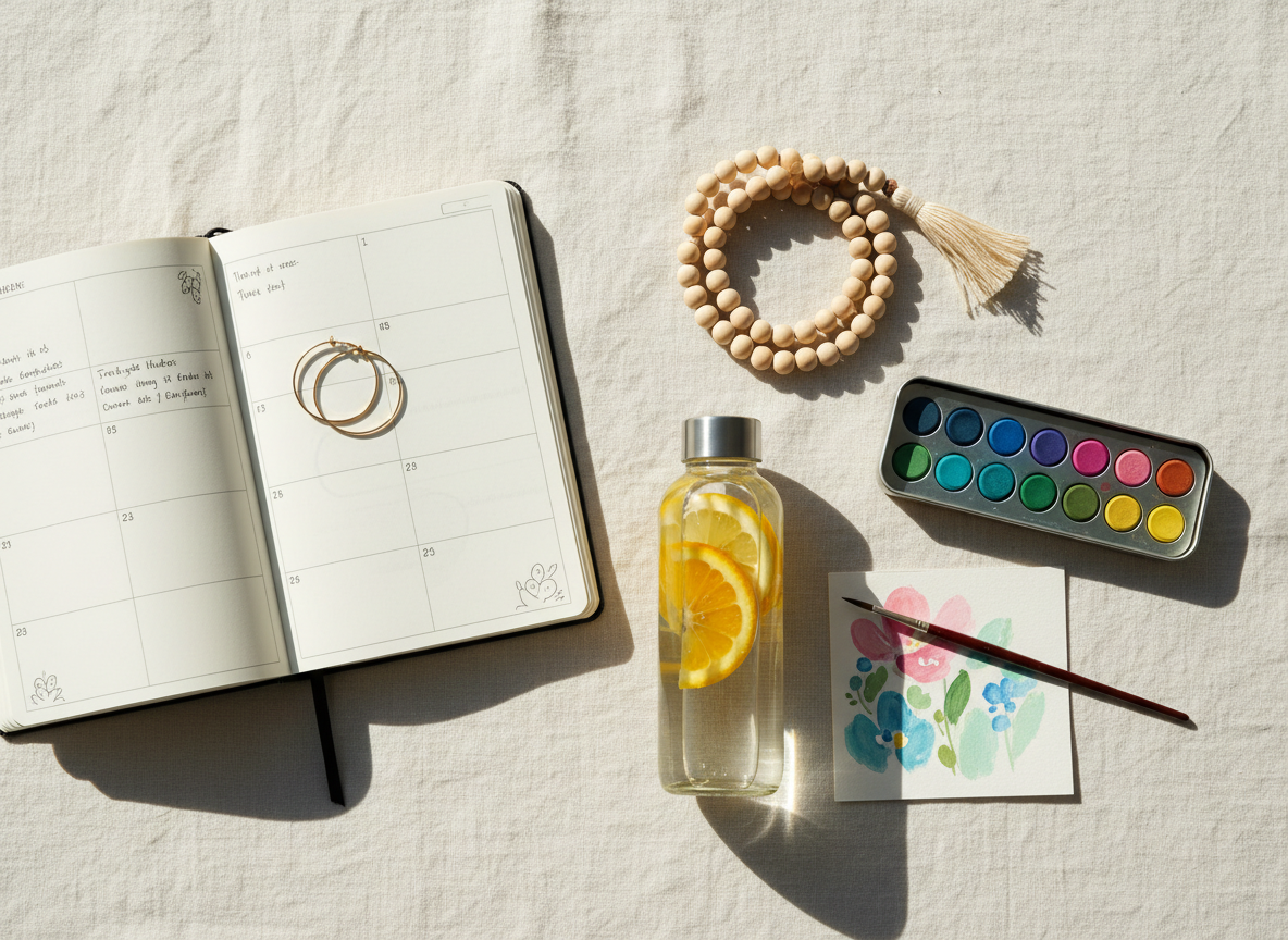 An organized, elegant flat lay of mindful living essentials arranged on a soft, ivory linen backdrop: an open planner with handwritten notes, a smooth wooden mala, a slim glass water bottle infused with citrus slices, and a compact set of watercolor pans with a partially painted, abstract floral card. A pair of slender, gold-toned handmade hoop earrings rests atop the planner, subtly catching the light. Soft, directional window light from the left creates gentle shadows and delicate highlights on metal and glass. Photographic realism with a top-down perspective and balanced negative space. The mood is intentional, refined, and quietly energizing, suggesting a lifestyle that weaves together planning, creativity, nourishment, and mindfulness.