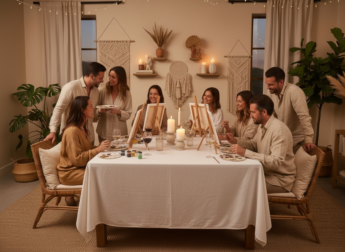 Keep the intimate boho-chic studio scene, square table with a crisp white tablecloth, wine glasses, and the existing painting activity. Make the group clearly four couples: four women and four men, with each woman paired with a man. Show them painting together at easels and around the table, with balanced, natural representation of women and men. Keep the warm cozy studio, rattan and woven accents, plants, earthy neutral tones, soft ambient lighting, and welcoming creative atmosphere. No ocean, no outdoor setting, no palm trees, no text, no logos.