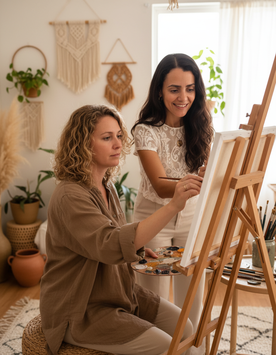 Create a realistic lifestyle photograph of a private one-on-one painting lesson in a warm boho-chic art studio. Use the woman in the source portrait as Maayan, the instructor, and preserve her face and identity as accurately as possible: same facial structure, eyes, nose, smile, skin tone, long dark wavy hair, white lace-patterned top, and gold pendant necklace. Do not redesign, beautify, or replace her face. Show exactly two women: Maayan standing beside and guiding one other adult woman seated at an easel, with Maayan demonstrating brushwork on the student's canvas. The student should be clearly separate and have a different appearance. Include easel, canvas, brushes, palette, plants, woven textures, earthy neutral decor, and soft natural studio light. The focus is clearly one-on-one instruction. No group, no couples, no wine, no ocean, no text, no logos.
