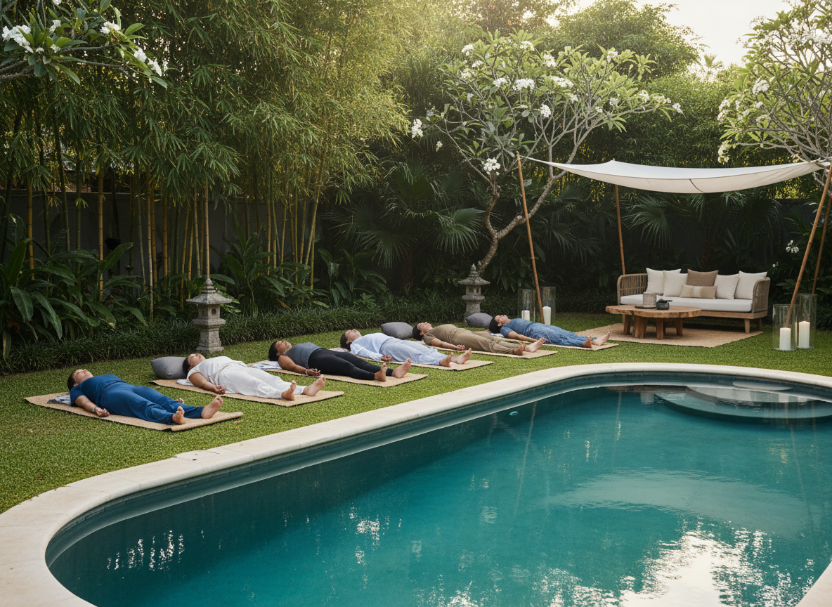 A serene group of women resting in Savasana on yoga mats beside a beautiful turquoise swimming pool, sharing in a peaceful collective wellness experience.